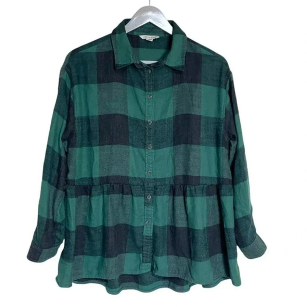 American Eagle Flannel Shirt XS Green Black Buffalo Plaid Babydoll‎ Peplum Top